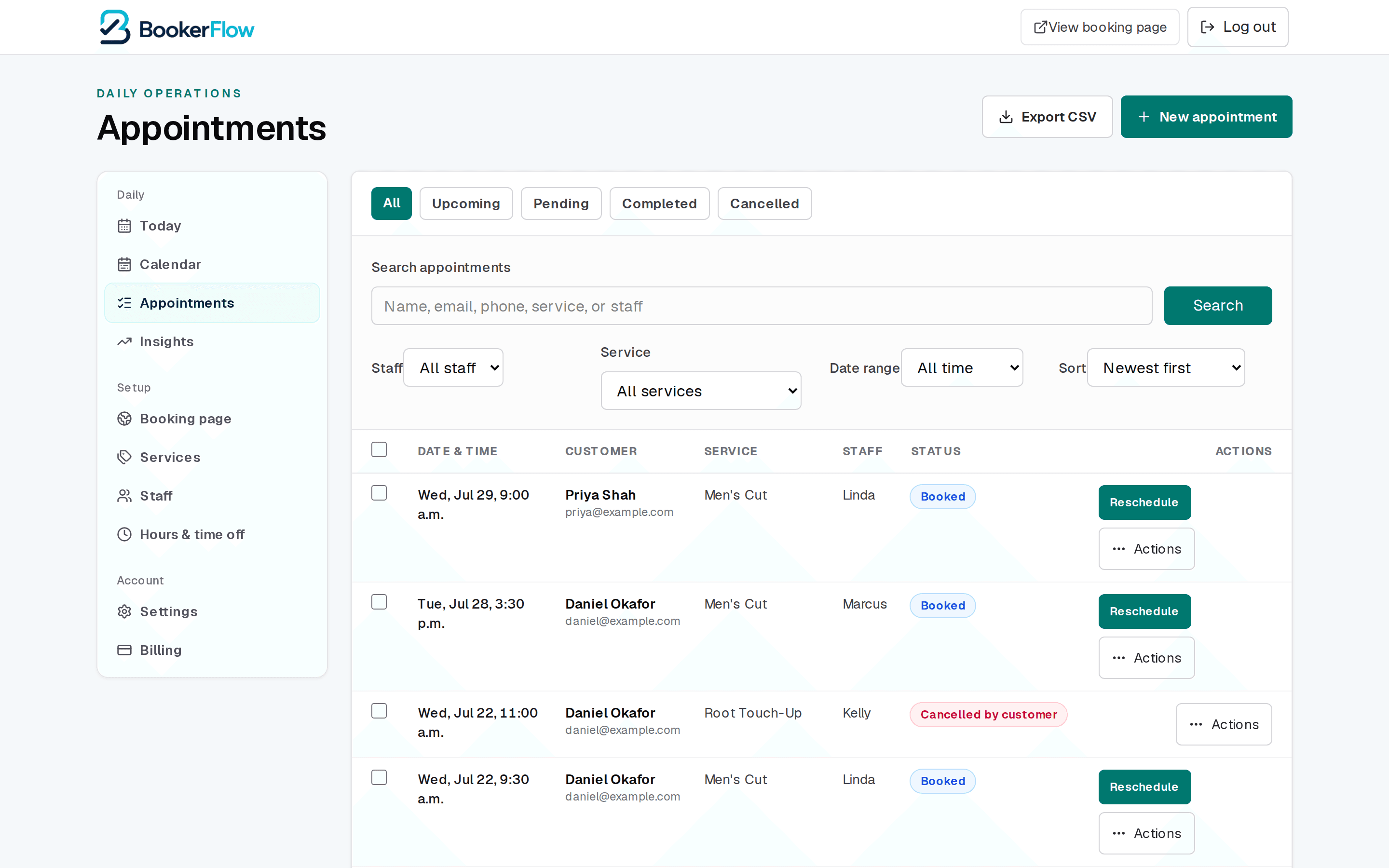 The Appointments page, listing past and upcoming bookings with filters for status and date.