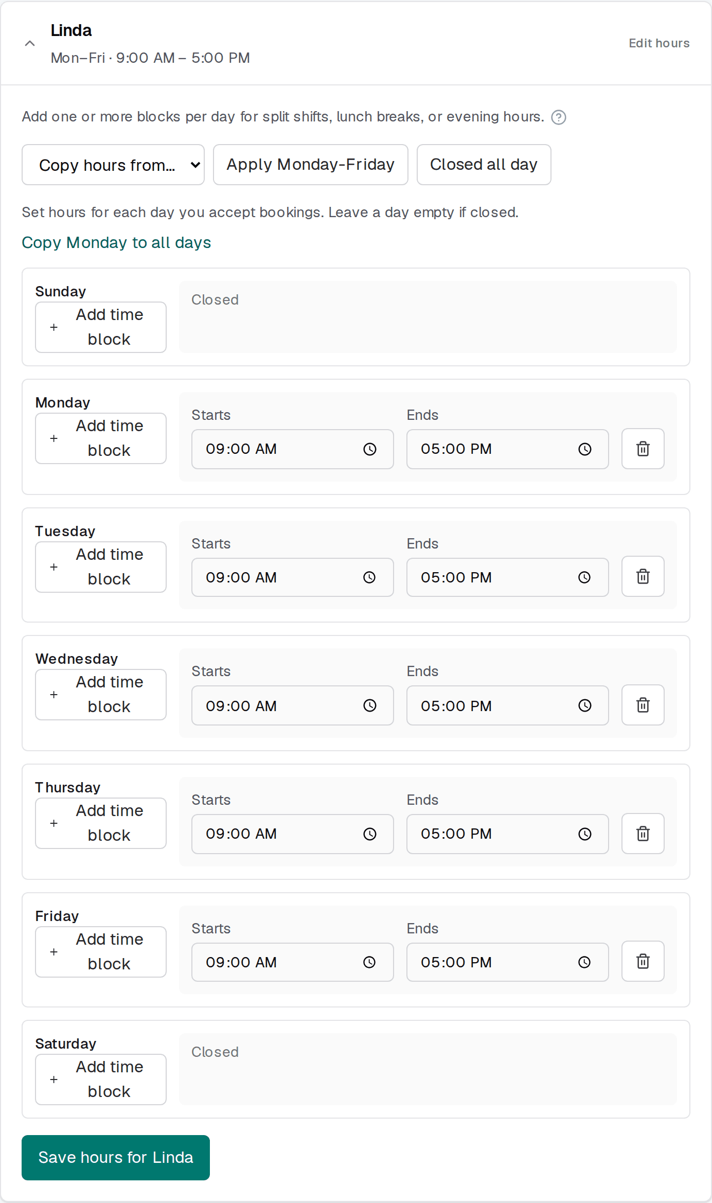 The weekly opening hours editor, with a row per day and open and close times.