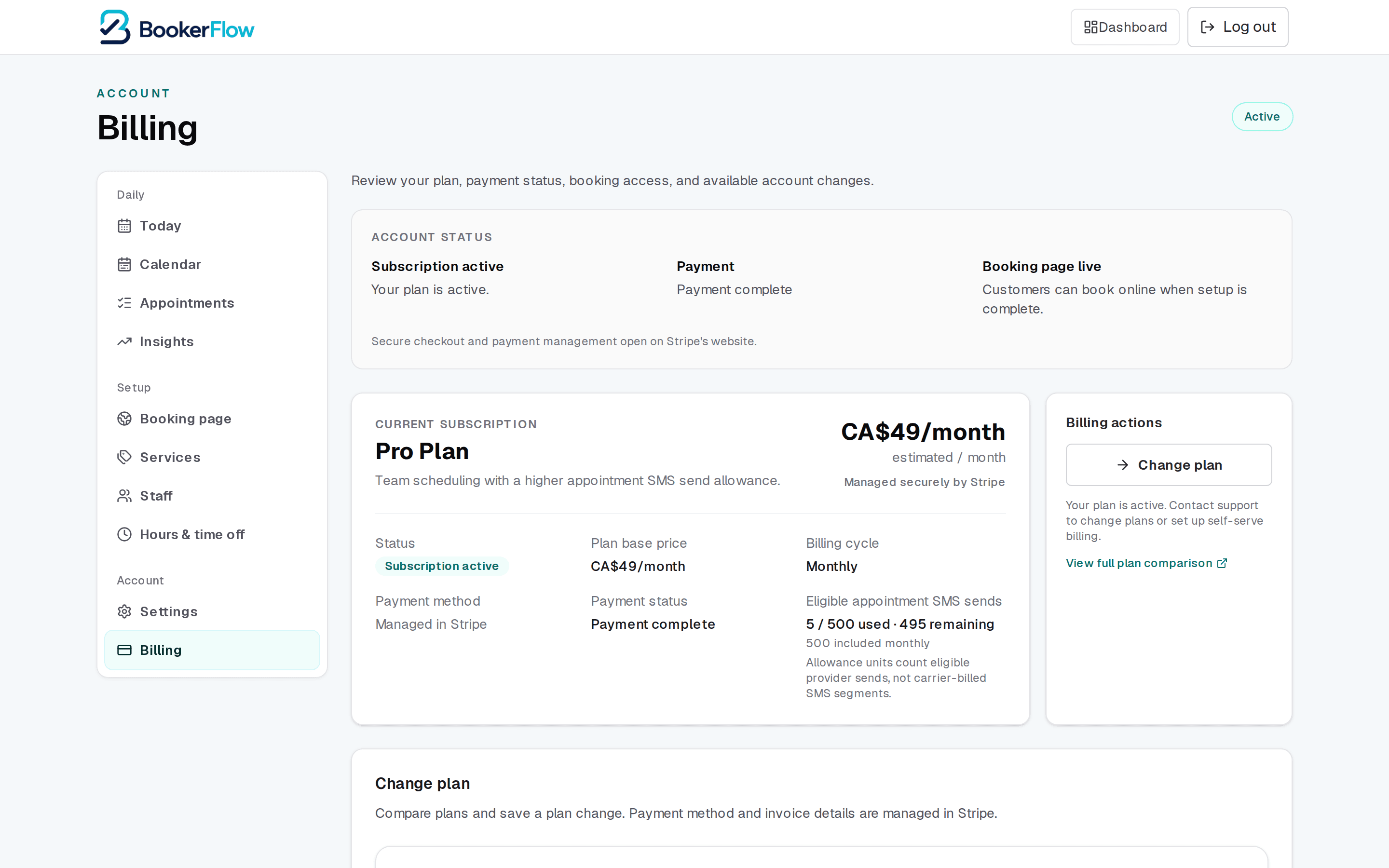 The Billing page, showing the current plan, subscription status, and payment method controls.
