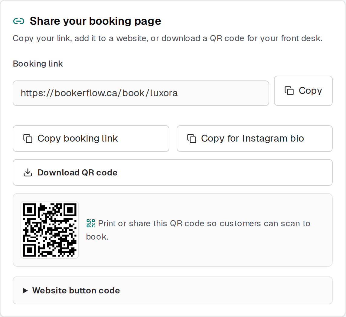 The Share your booking page panel, with the public booking link and a copy button.