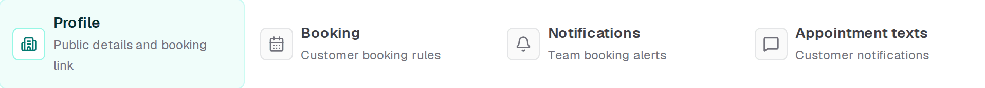 The four Settings tabs: Profile, Booking, Notifications, and Appointment texts.